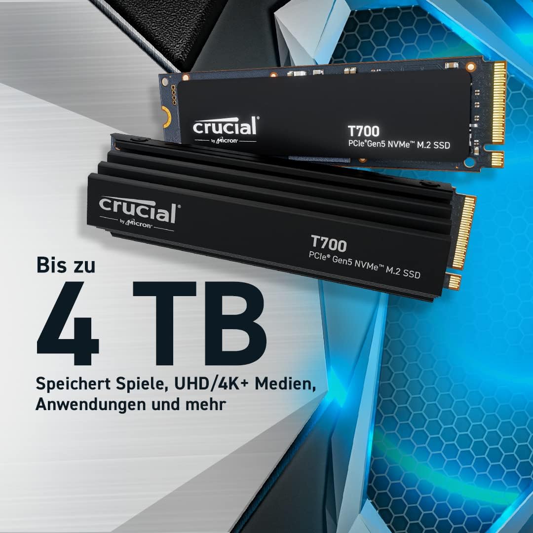 Crucial T700 1TB Gen5 NVMe M.2 SSD mit Kühlkörper - Bis zu 11.700 MB/s - DirectStorage-fähig - Gamin