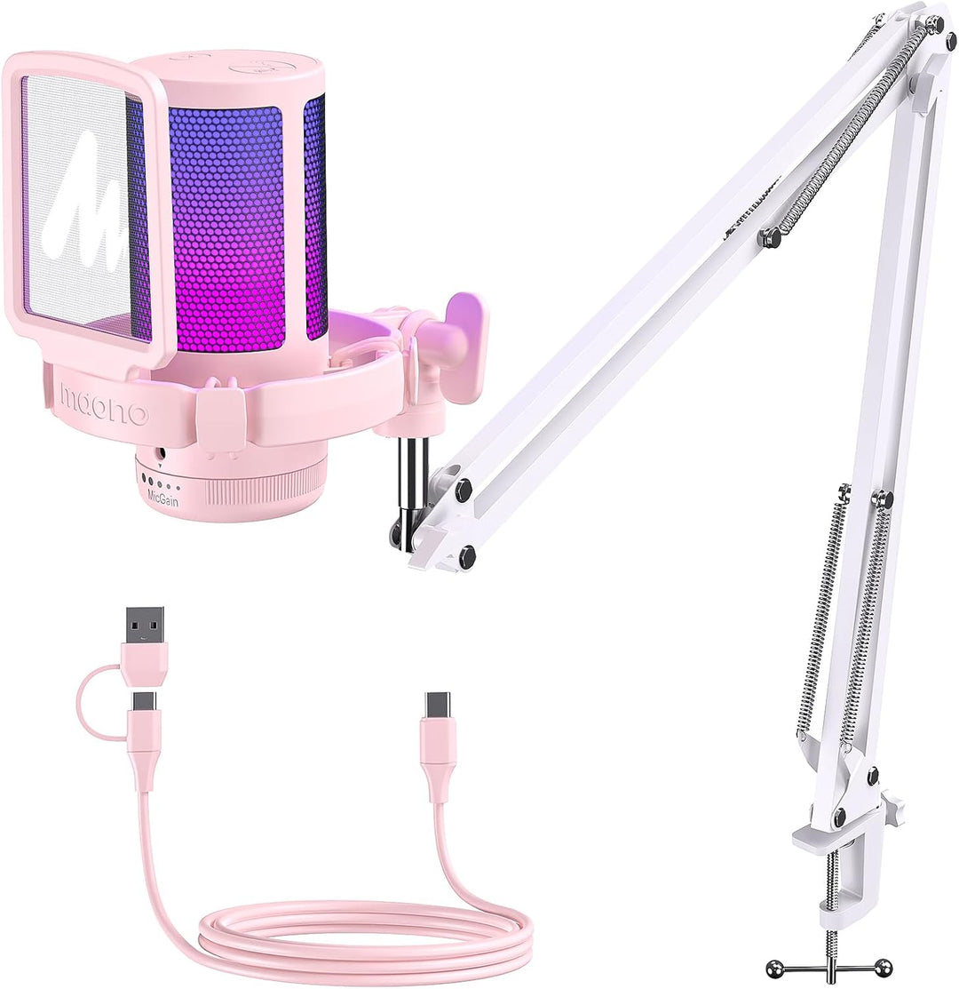 MAONO Gaming Mikrofon Rosa mit Geräuschunterdrückung, Computer PC Kondensatormikrofon mit RGB-Licht,
