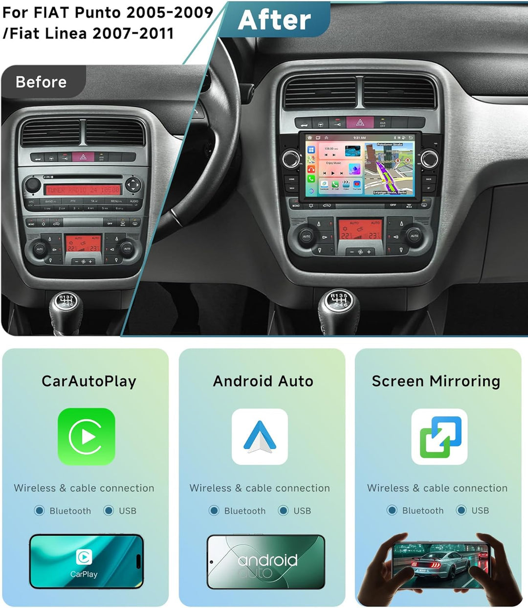 4G+64G 8 Kern Autoradio für FIAT Punto 2005-2009/Linea 2007-2011 Carplay Android Auto,Android 15,7 Z