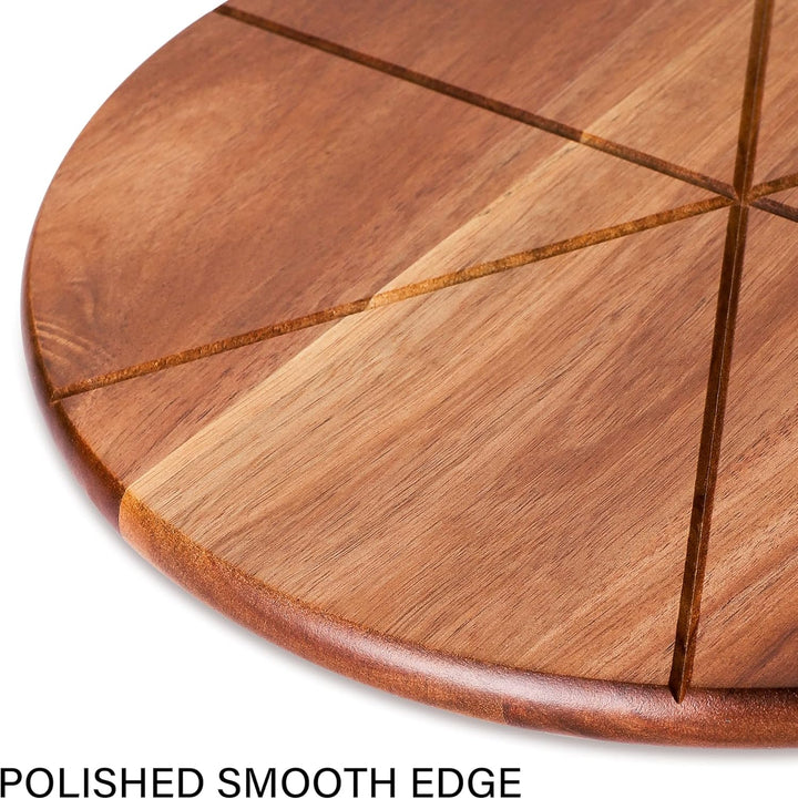 Pizzabrett Akazienholz, TJ POP 30 x30 cm Pizzateller Pizzaschneidebrett mit Pizzaschneider und Pizza