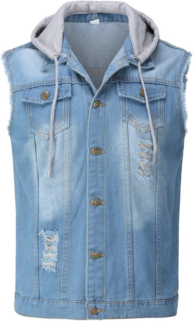YOUTHUP Weste Herren Denim Weste mit Kappe Regular Fit Zerrissen Jeansweste Ärmellose Freizeitweste