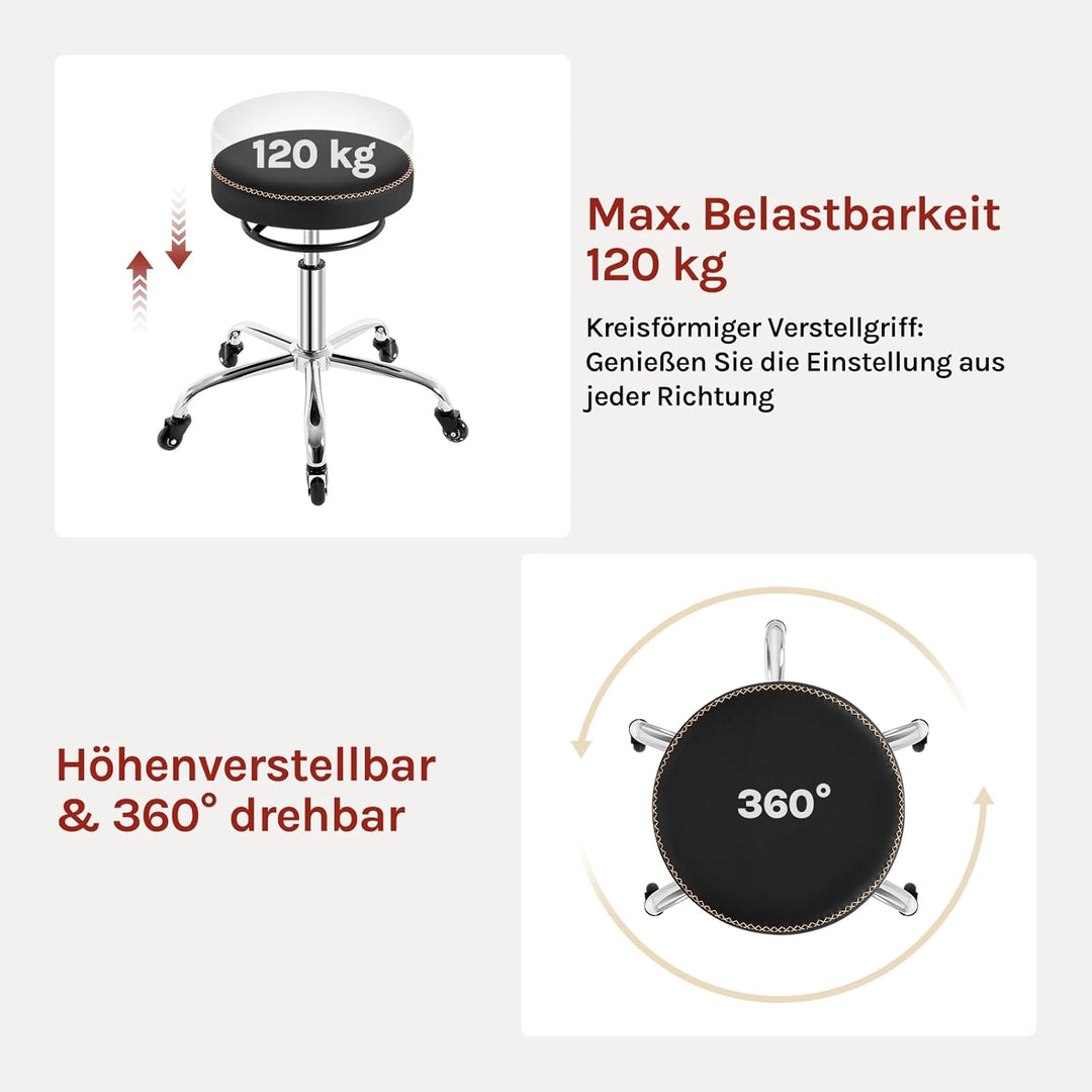 WOLTU Rollhocker höhenverstellbar, Bürohocker 360° drehbar, Schwarz | Drehhocker mit Rollen, runder
