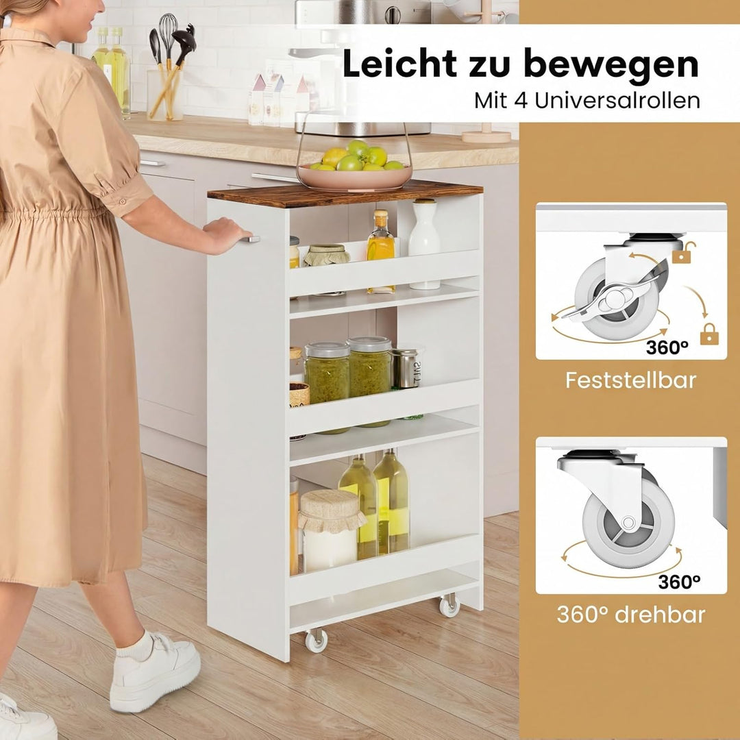 COSTWAY Nischenwagen 25cm breit, 4 Etagen Küchenwagen schmal, Nischenregal auf Rollen, Servierwagen