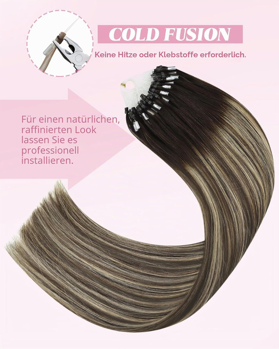 YoungSee Extensions Echthaar Microring Ombre 60cm,Micro Ring Hair Extensions Braun Ombre Aschblond,M