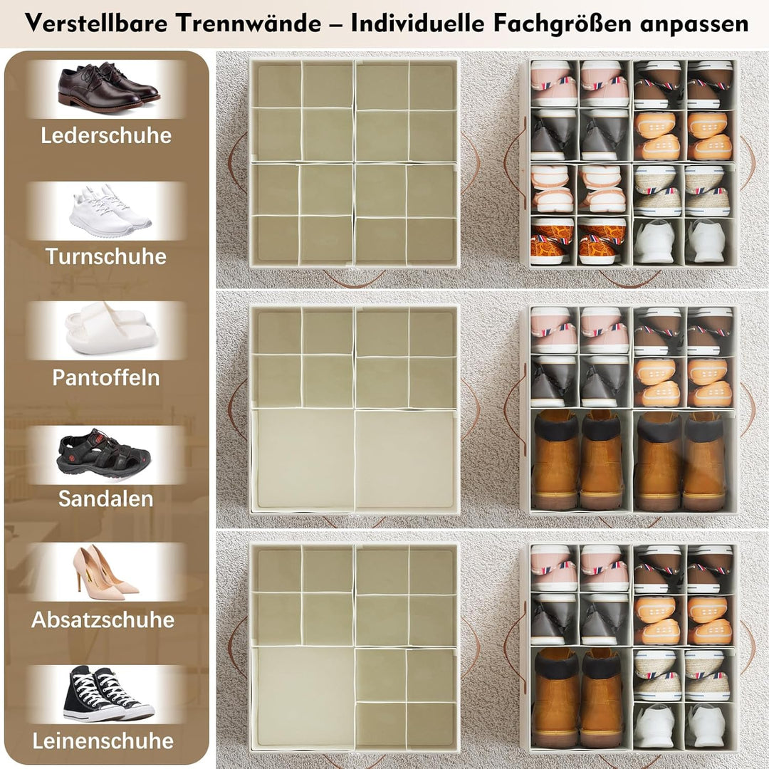 Schuhorganizer mit verstellbaren Trennwänden – stapelbare Schuhbox mit klarem Reissverschlussdeckel