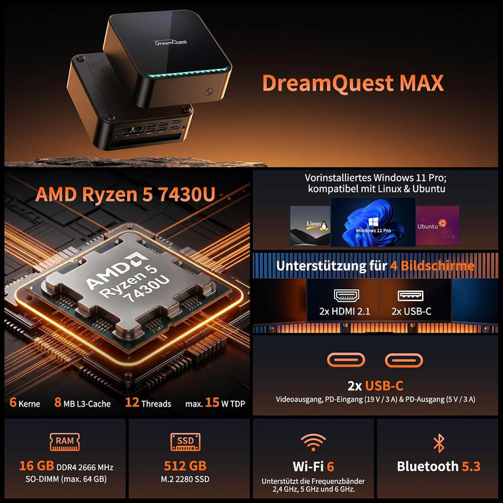 DreamQuest Mini PC Windows 11 Pro - AMD Ryzen 5 7430U, 16GB DDR4 RAM, 512GB SSD (erweiterbar), WiFi