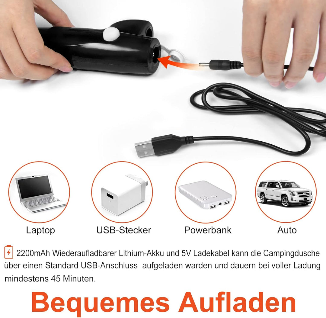 FIVMEN Campingdusche Camping Dusche Outdoor mit Pumpe 2200mAh Akku Haken und Saugnäpfe, Camping Show