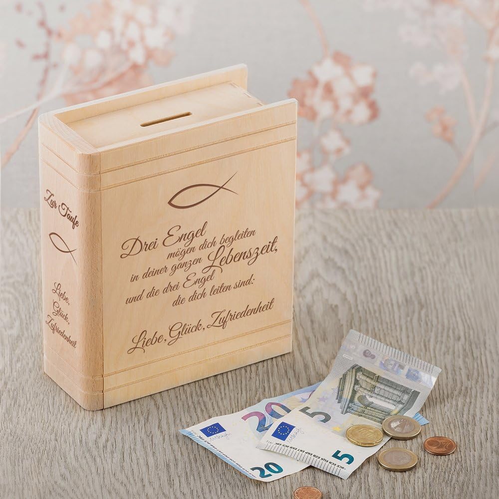 Casa Vivente Spardose aus Holz mit Gravur zur Taufe, Motiv Fische, Sparbüchse als Taufgeschenk für M