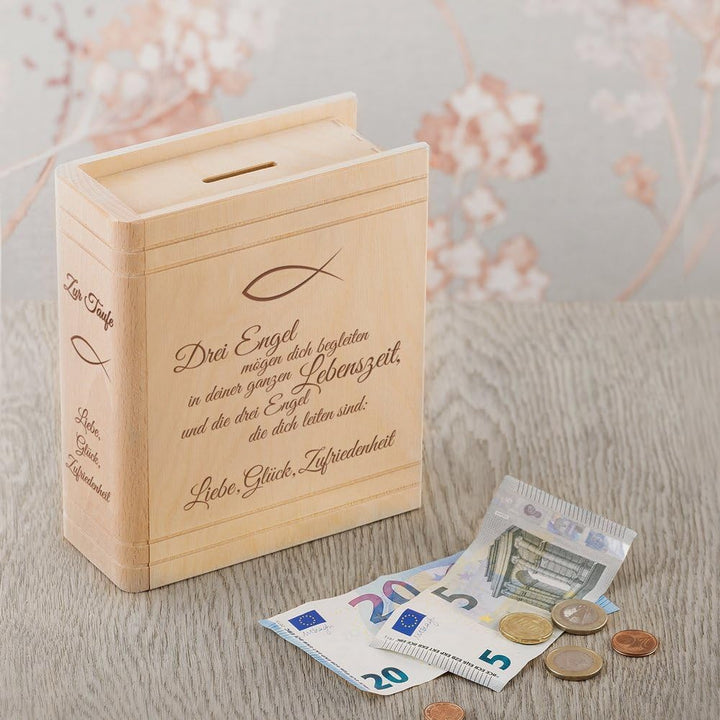 Casa Vivente Spardose aus Holz mit Gravur zur Taufe, Motiv Fische, Sparbüchse als Taufgeschenk für M