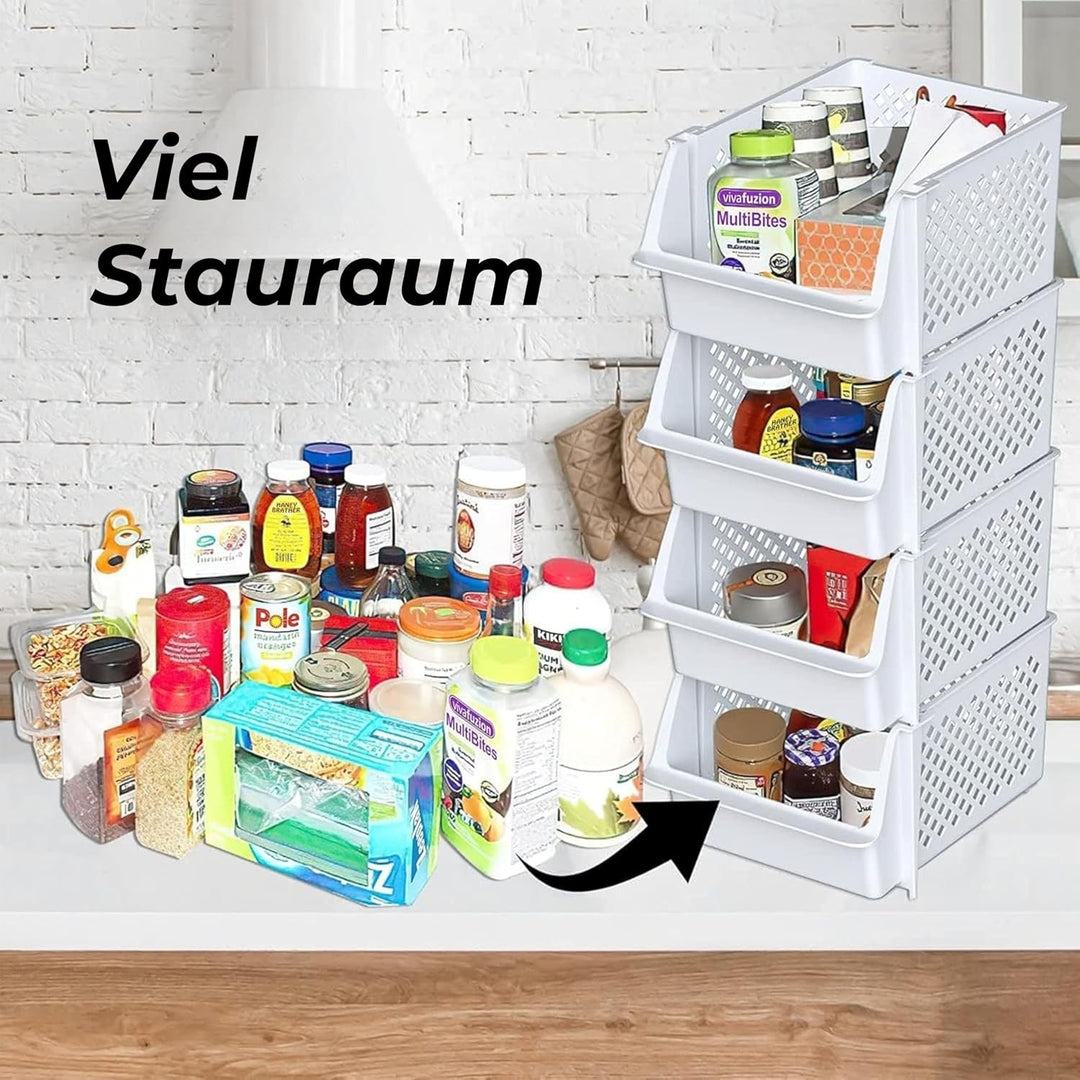 Skywin TidyFriend Stapelbare Aufbewahrungsboxen 4er-Set – Offene Front Organizer für Küche & Vorrats
