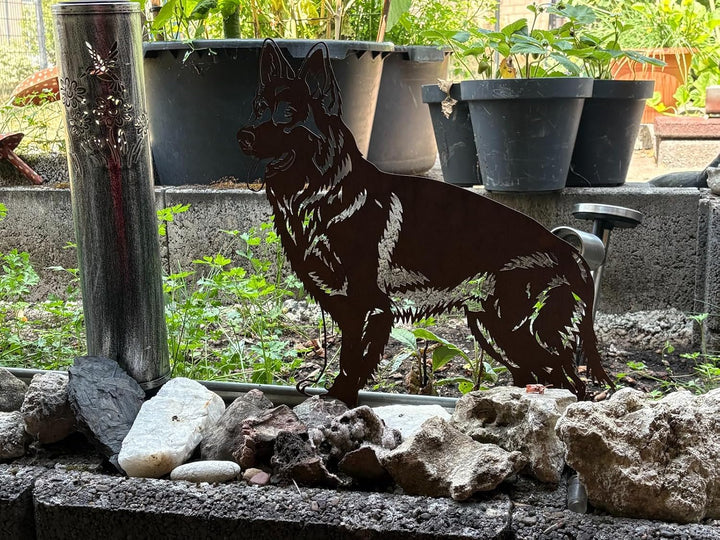 Edelrost Gartenstecker Altdeutscher Schäferhund - Rost Deko Hund Rostfigur Gartendeko für Draussen -