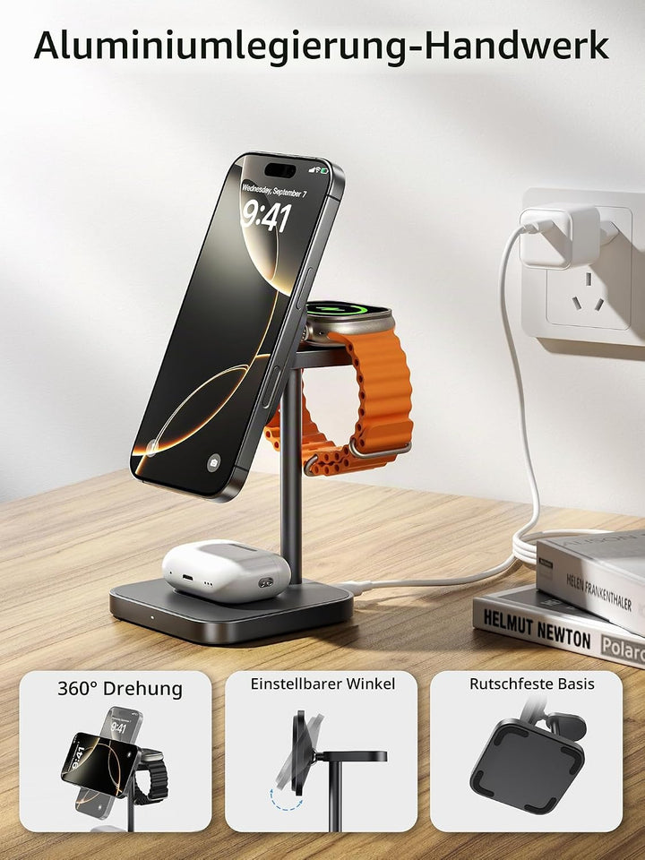 LULULOOK Qi2 Magsafe Ladestation 3 in 1, Aluminium Apple Watch und iPhone Magsafe Ladegerät mit 15W