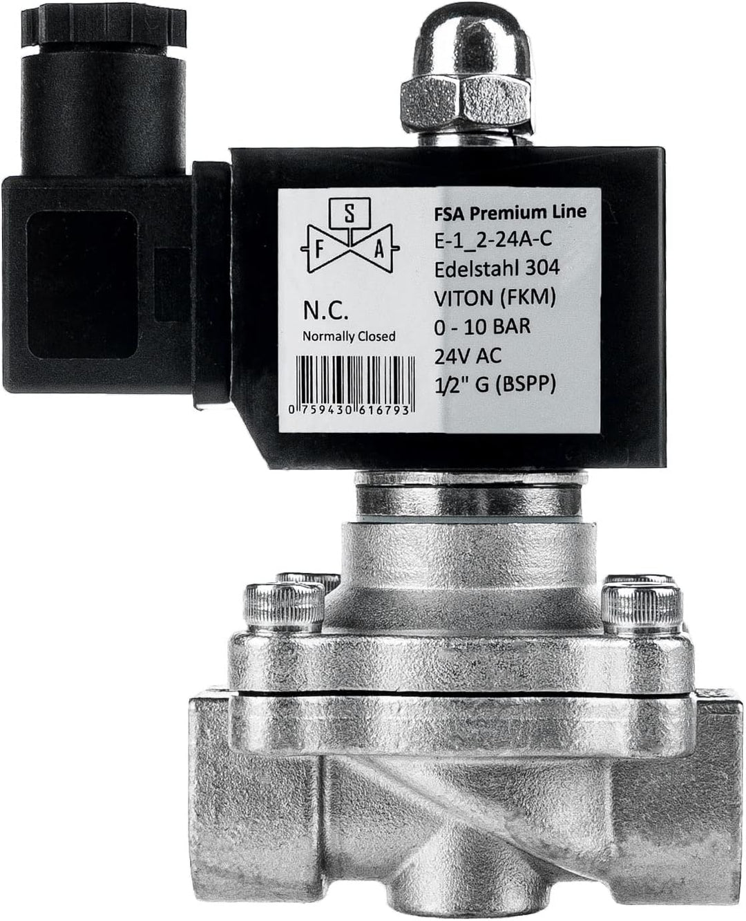FSA Magnetventil Edelstahl 304 1/2" 24V AC 0-10 bar Viton stromlos geschlossen, 1/2" 24v Ac