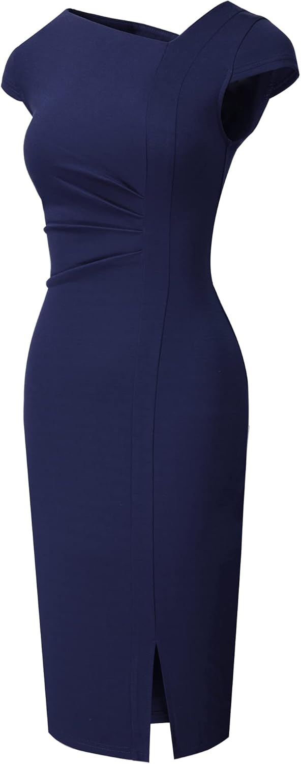 HOMEYEE Damen Vintage V-Ausschnitt Bodycon Business Bleistiftkleid mit Schlitz B700 M Marineblau, M