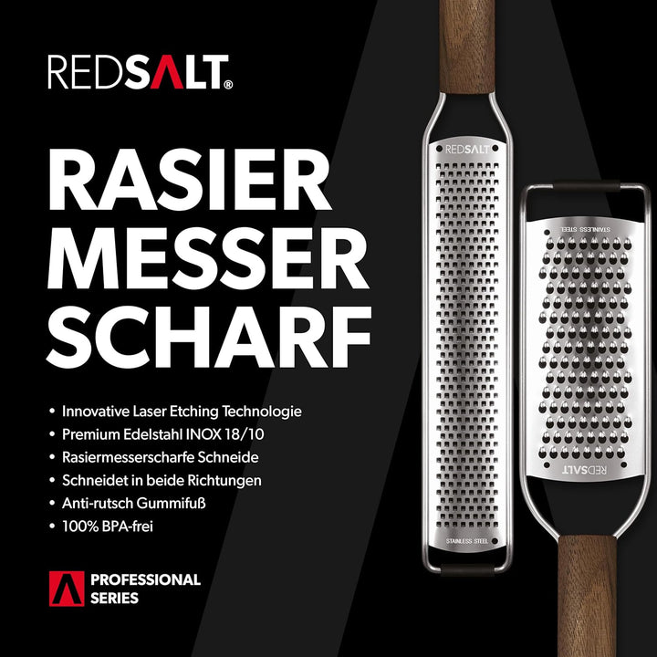 REDSALT® Premium Zester Julienne Edelstahl Reiben Set mit Walnuss Holzgriff | Raspel Küchenreibe Zit