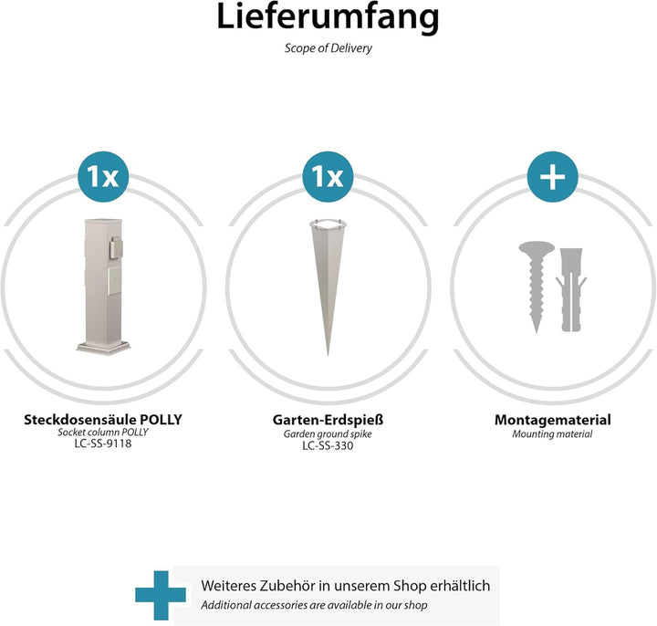 ledscom.de 2X Garten-Steckdosen-Säule Polly mit Erdspiess für aussen, 3-Fach, Smart Home, Edelstahl,
