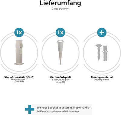 ledscom.de Garten-Steckdosen-Säule Polly mit Erdspiess für aussen, 3-Fach, Smart Home, Edelstahl, ec