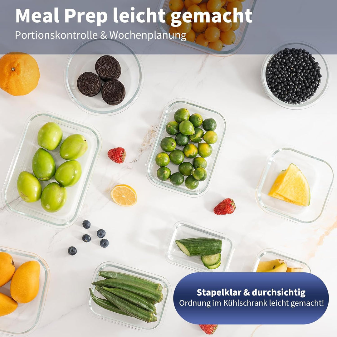 Meal Prep Boxen Glas, Glasdosen mit Deckel Set, Frischhaltedosen Glas mit Auslaufsicherer Verschluss