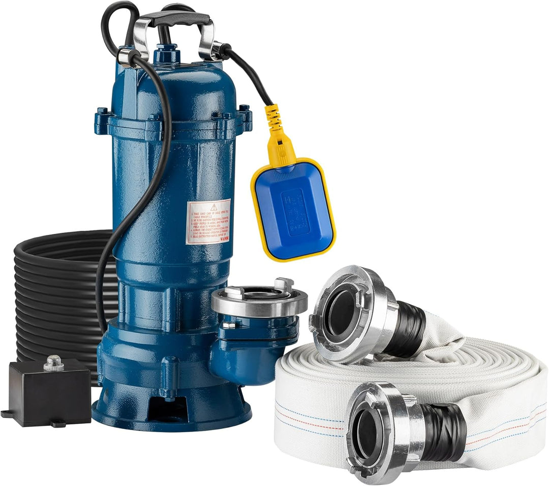 Wiltec Schmutzwasserpumpe 1500W 22800l/h mit Schwimmerschalter max. Förderhöhe 10m mit 20m Schlauch