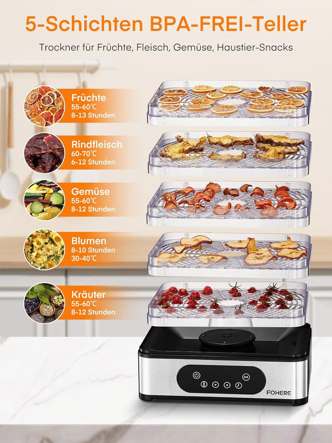 FOHERE Dörrautomat Edelstahl, Dörrgerät mit 5 höhenverstellbaren Tabletts, LED-Anzeige, 420W, 35-70°