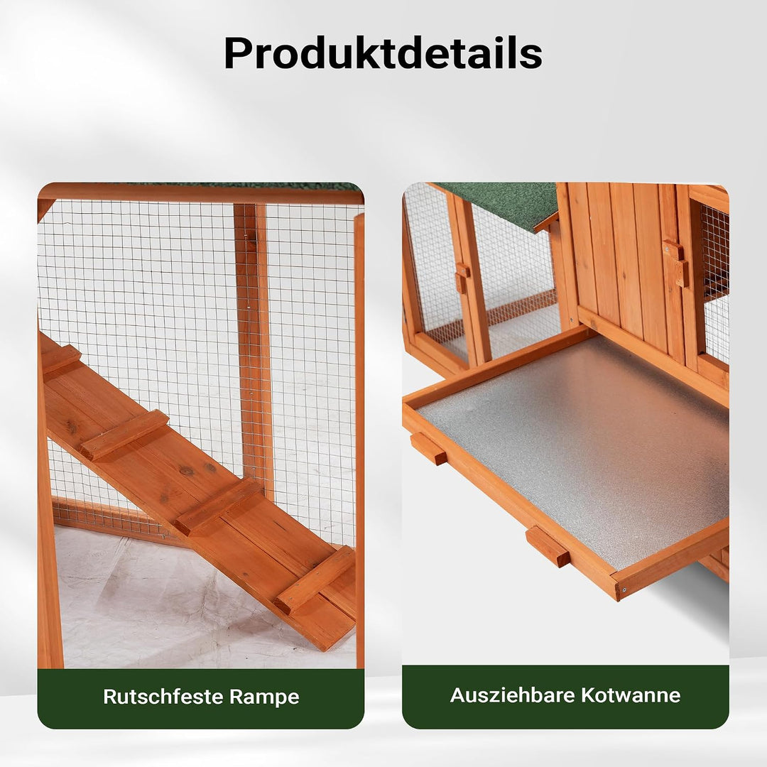 Wiltec Hasenstall 2190 x 530 x 850 mm mit Freilaufgehege und erhöhtem Unterschlupf aus Fichtenholz,