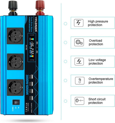 Wechselrichter 3000W /6000W Spannungswandler Reiner Sinus 12V 230V mit 3 Europäische Steckdose und 4