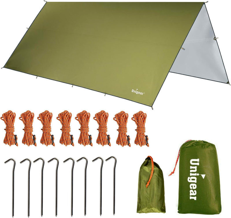 Unigear Zeltplane, Tarp für Hängematte, wasserdicht mit Ösen + 8 Erdnägel+ 8 Seilen, Regenschutz Son