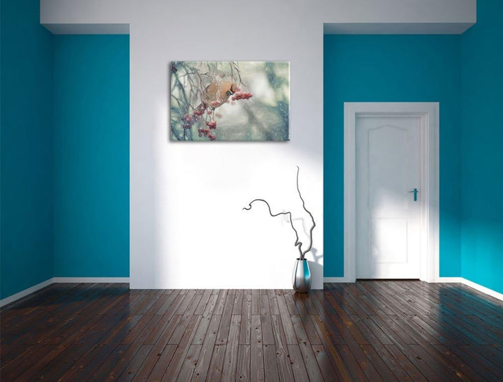 Pixxprint Kleiner Vogel im Vogelbeerbaum Bunstift Effekt, Format: 100x70 auf Leinwand, XXL riesige B