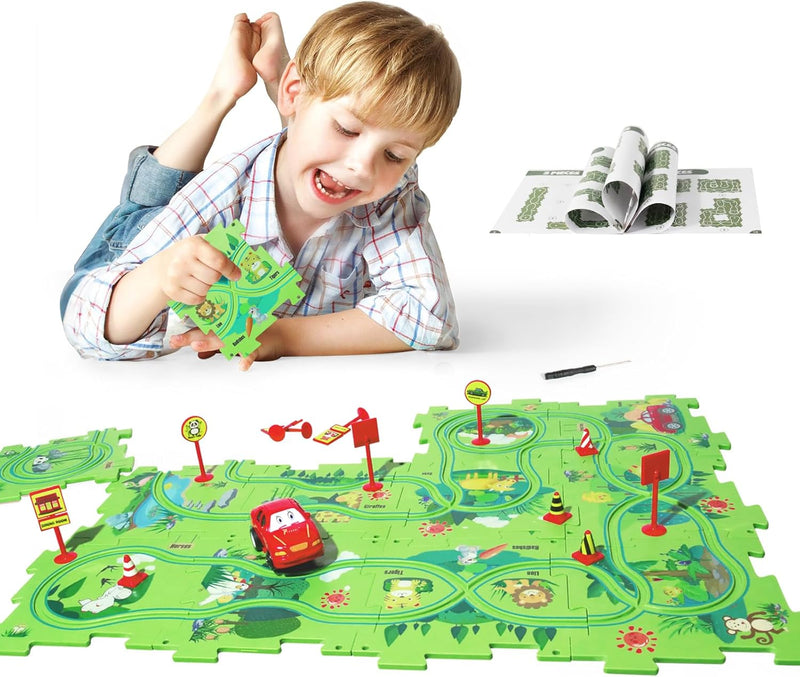 YOOYID Kunststoff Puzzle mit Autorennbahn für Kinder im Alter von 3-6 Jahren, Kinderspielzeug für Pu