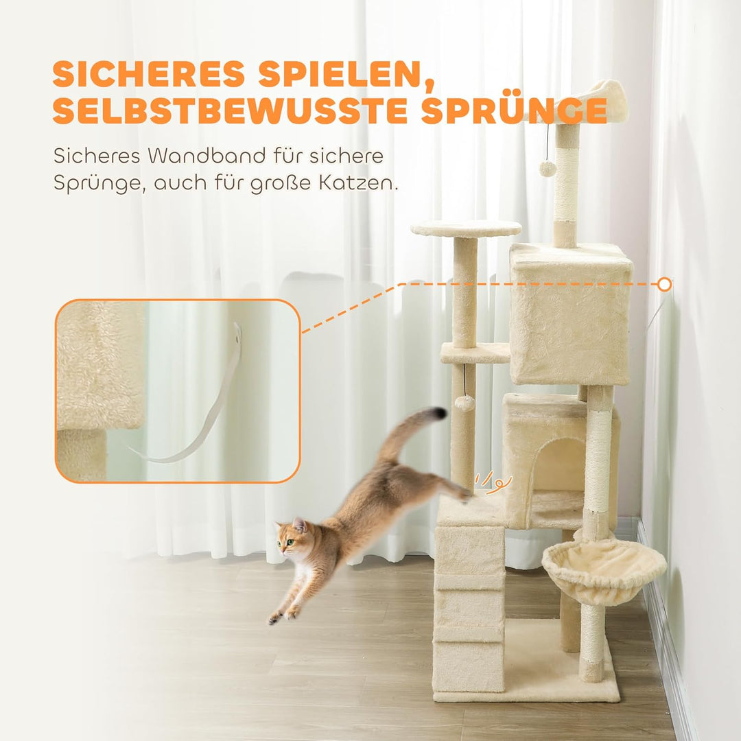 PawHut Kratzbaum, 160 cm hoch Katzenbaum mit 2 Höhlen, Korb, Hängematte, 2 Bällen, Katzenbett mit Ka