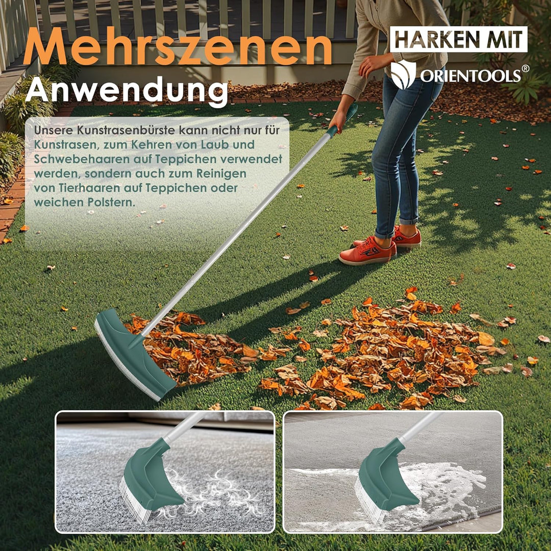 ORIENTOOLS Kunstrasenbürste, gebogener Rasenrechen, Kunstrasenständer mit verstellbarem Stahlgriff,