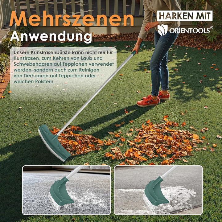 ORIENTOOLS Kunstrasenbürste, gebogener Rasenrechen, Kunstrasenständer mit verstellbarem Stahlgriff,