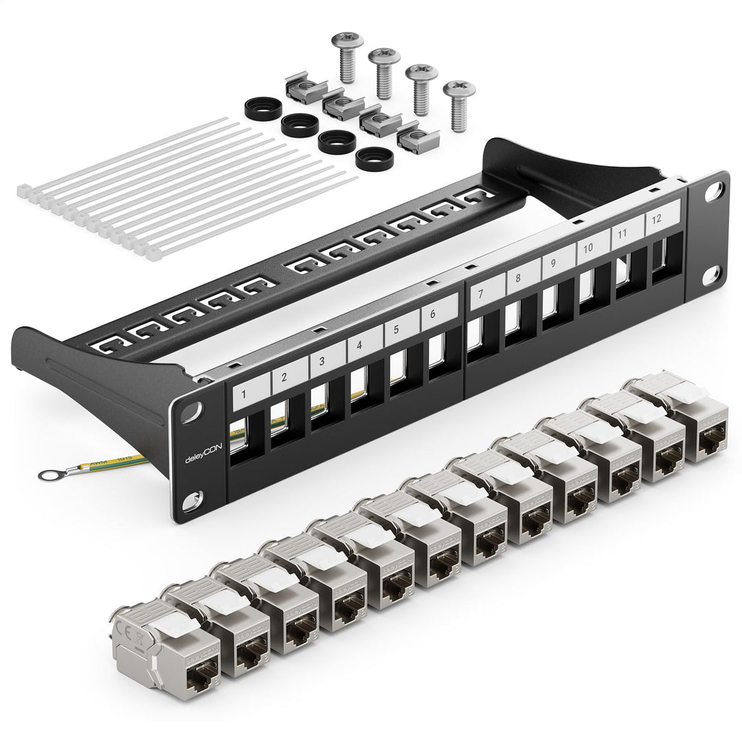 deleyCON 12 Port CAT 8 Patchpanel Set Verteilerfeld Patchfeld 10" Zoll 1 HE + 12x RJ45 Keystone Jack