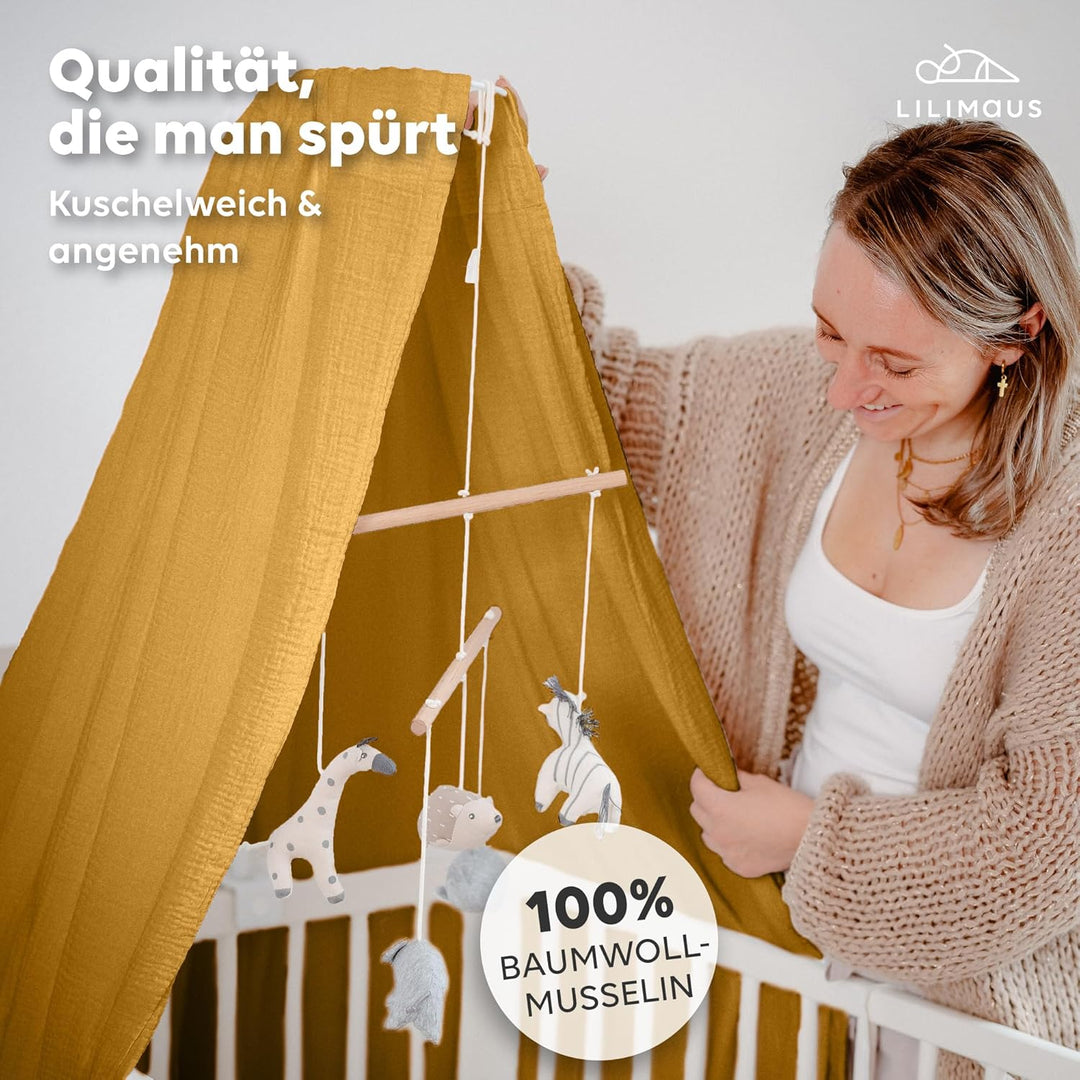 Betthimmel Babybett mit Gold Applikation in 12 Farben [inkl. Himmelstange] - Himmel Babybett aus 100