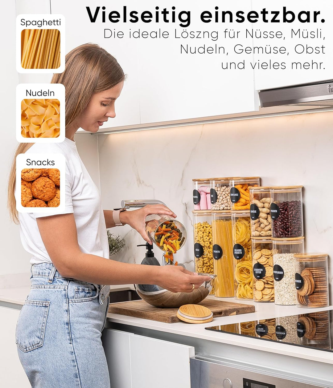 Deco haus® Spaghetti Aufbewahrung 3er Set - Vorratsgläser mit Deckel + Etiketten [LUFTDICHT] - Für M