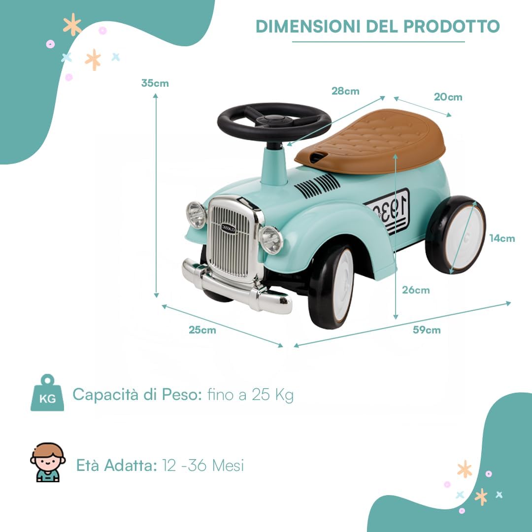 Vintage Rutschfahrzeug für Kinder von 12 bis 36 Monaten, Retro Rutschauto mit Hupe, Staufach, Lenkst