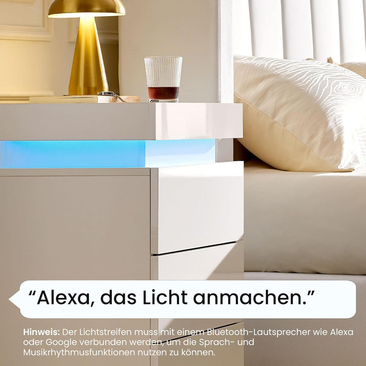 CLIPOP Nachttisch Hochglanzfront Kommode mit mit LED-Lichtern, sprachgesteuerter Lichtstreifen, 3 Sc