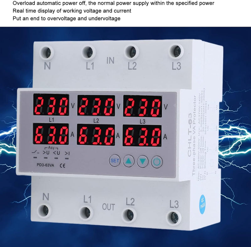 3 Phase Din Rail Voltmeter, CHLT 63 Digital LCD Display Automatic Reset Din Rail Voltmeter Ammeter A