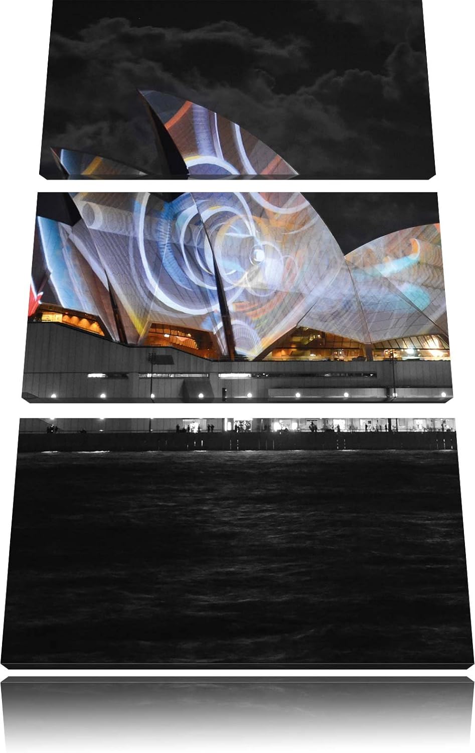 Pixxprint beeindruckende Sydney Opera House Lichter schwarz/weiss 3-Teiler Leinwandbild 120x80 Bild