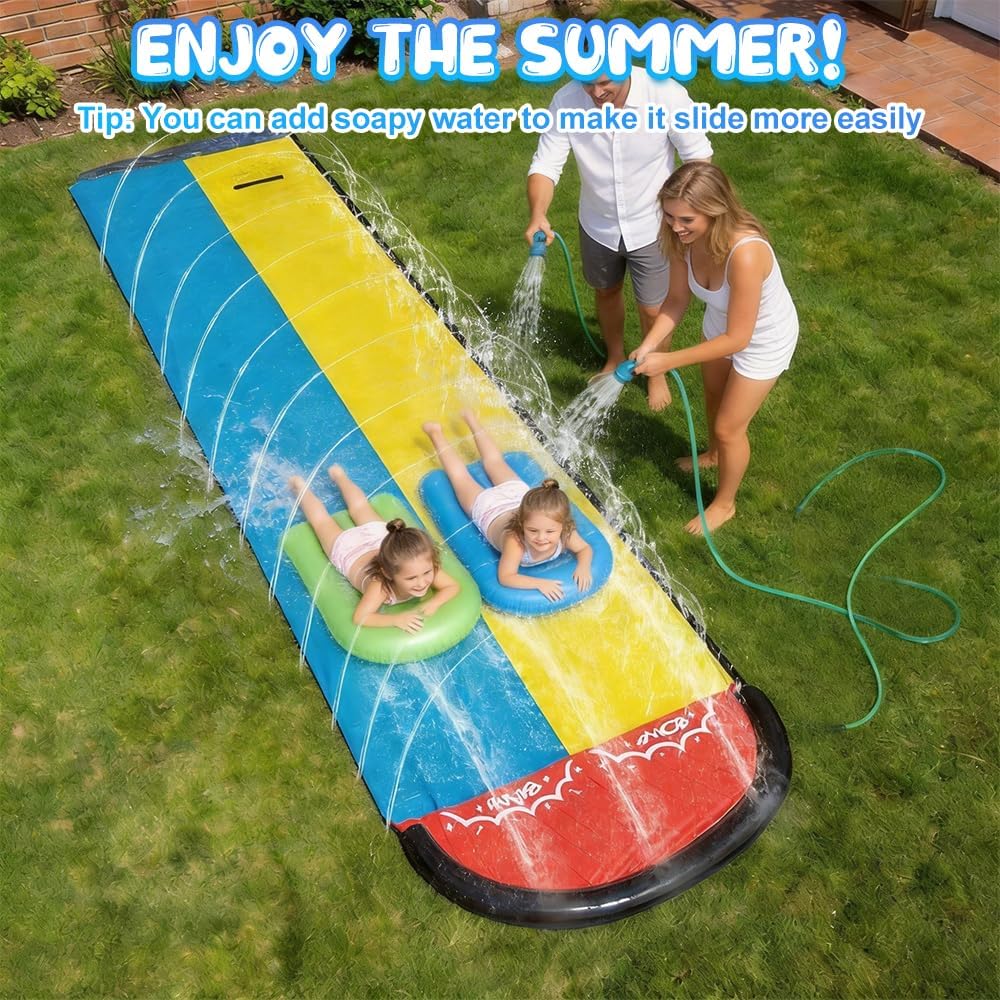 Wasserrutsche Garten für Kinder, 15.7ft/480cm Wasserrutschbahn mit 2 Bodyboards, Doppelte Rutschbahn