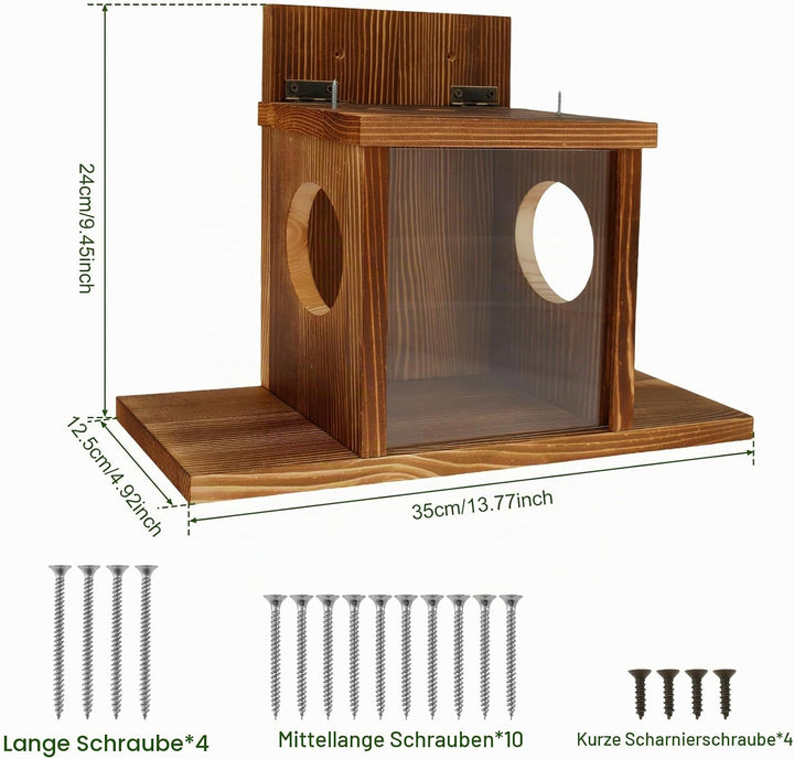 Futterhaus Eichhörnchen Wetterfest mit Quadratisches Transparentes Fenster Holz Stabiles Eichhörnche