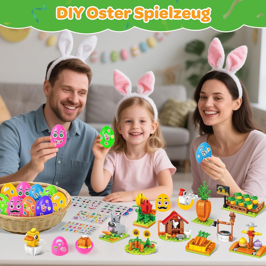 MOONTOY Ostergeschenke Kinder, 12 Ostereier mit 12 Oster Bausteinsets & 4 Stickern, DIY Osternest Fü