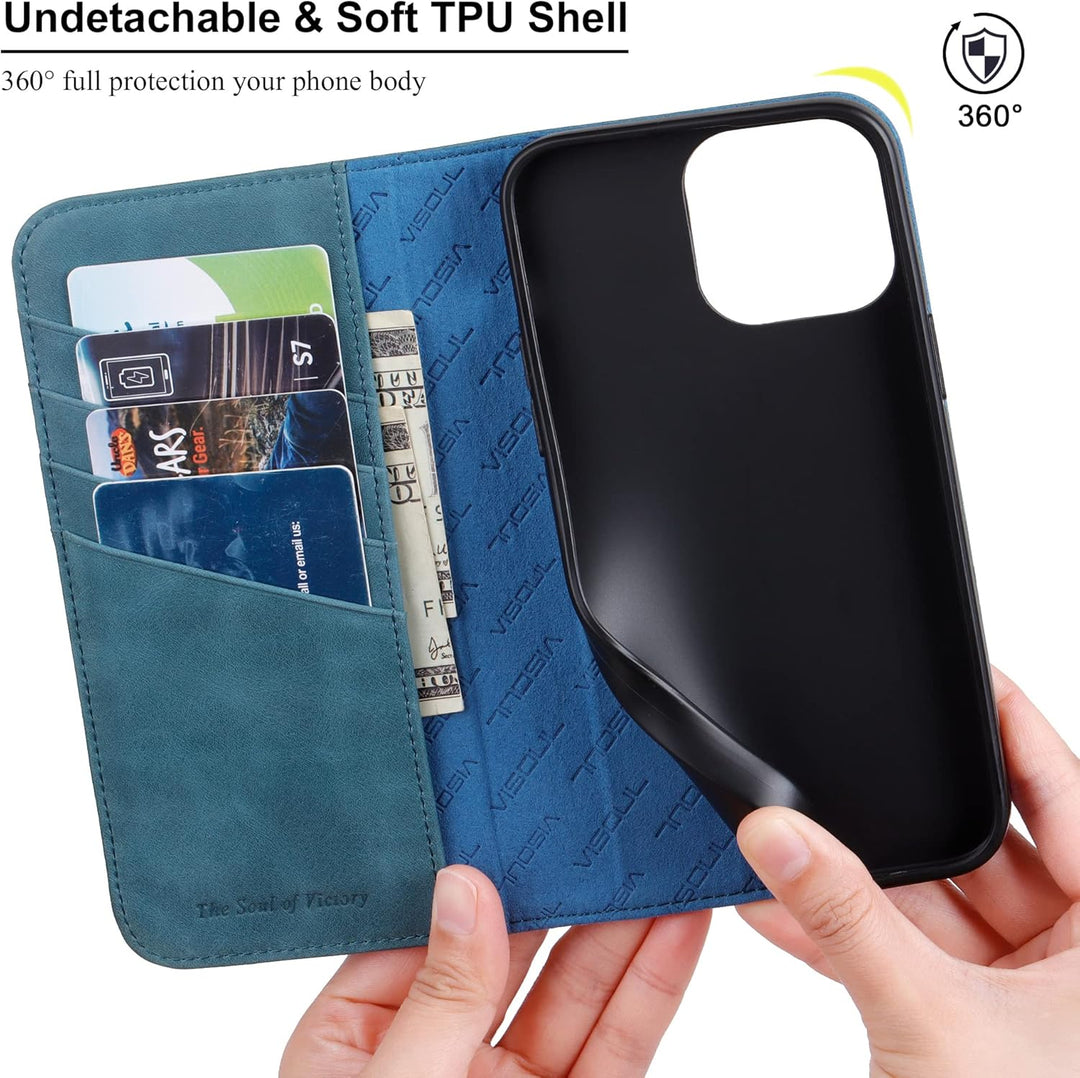 VISOUL Hülle für iPhone 14 Pro Max Handyhülle [ Echtleder] [Schützt] [Kartenfach] [Magnet] [Standfun