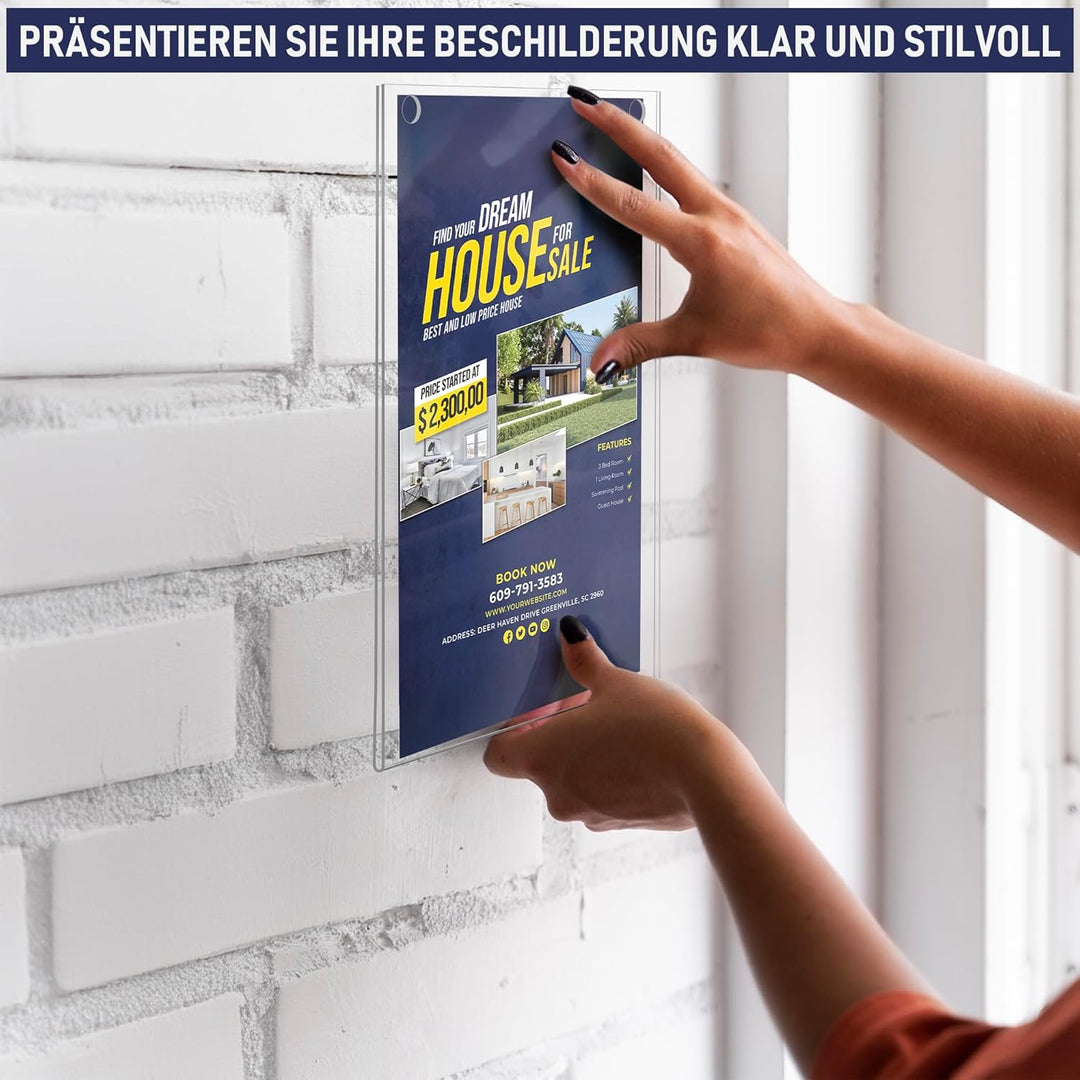 Acryl Schildhalter A4, 6 Stück, Transparenter Rahmen Papierhalter mit mehreren Befestigungsoptionen
