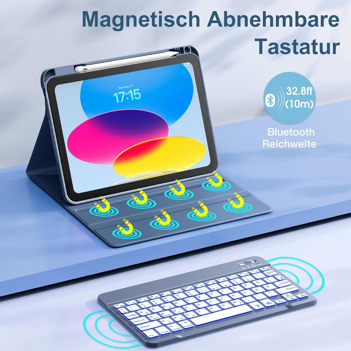 Vobafe Hülle mit Tastatur für iPad A16 11/10 Generation (2025/2022, 11/10.9 Zoll)- 7 Farben Beleucht