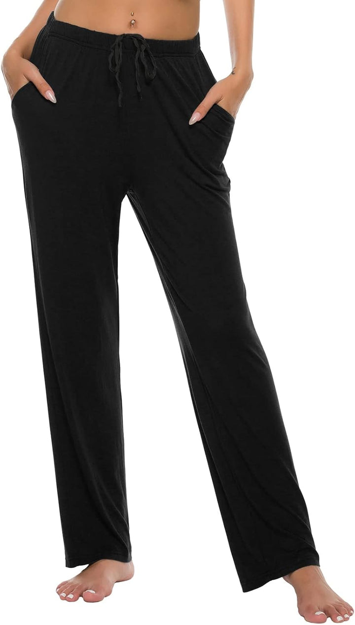 JINSHI Damen Schlafanzughose Lang Pyjamahose Weich Modal Nachtwäsche Freizeithose XS Schwarz+blau, X