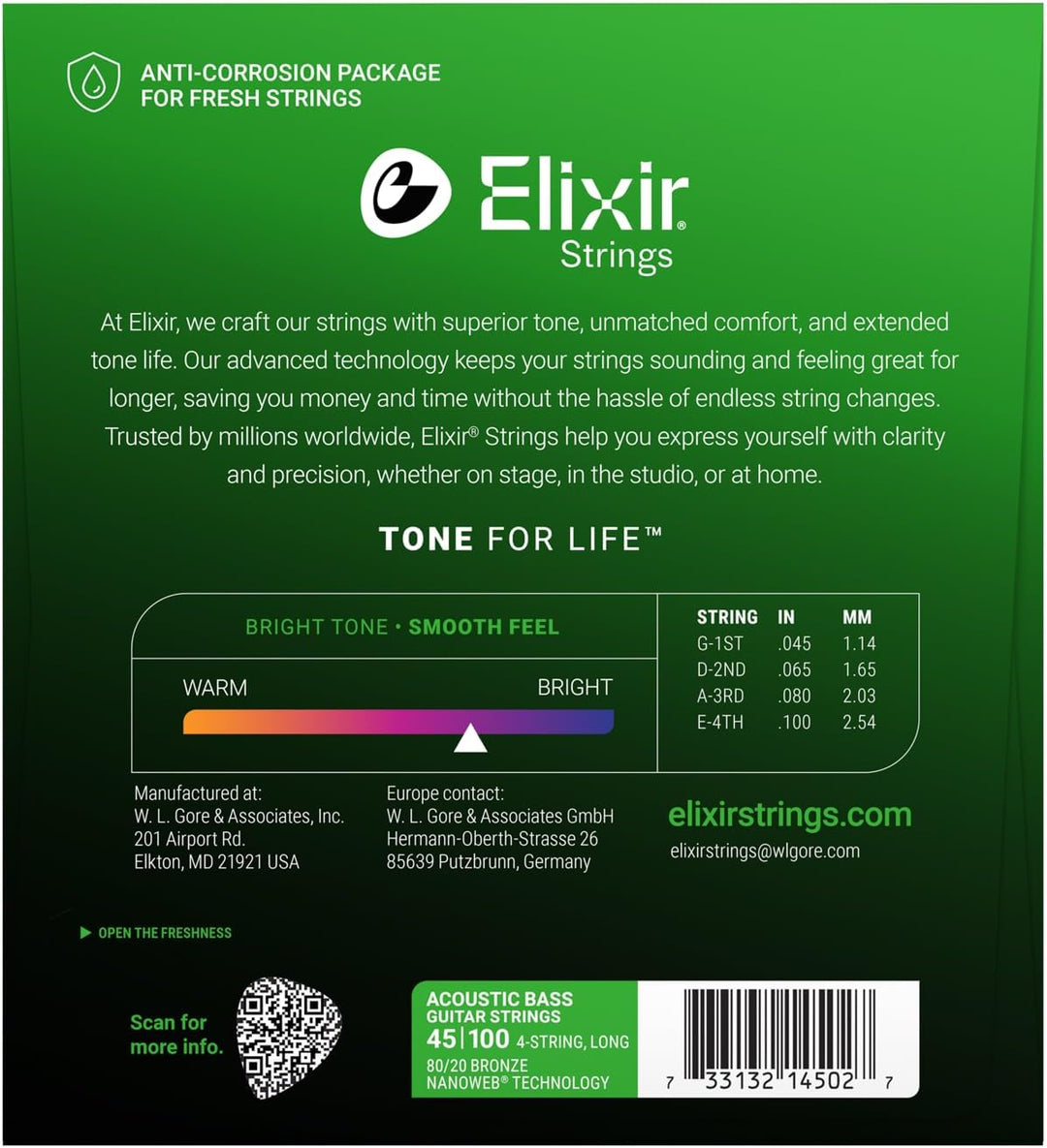 Elixir® Saiten 80/20 Bronze-Akustik 4-str. Basssaiten mit NANOWEB® Beschichtung, Long Scale, Light (