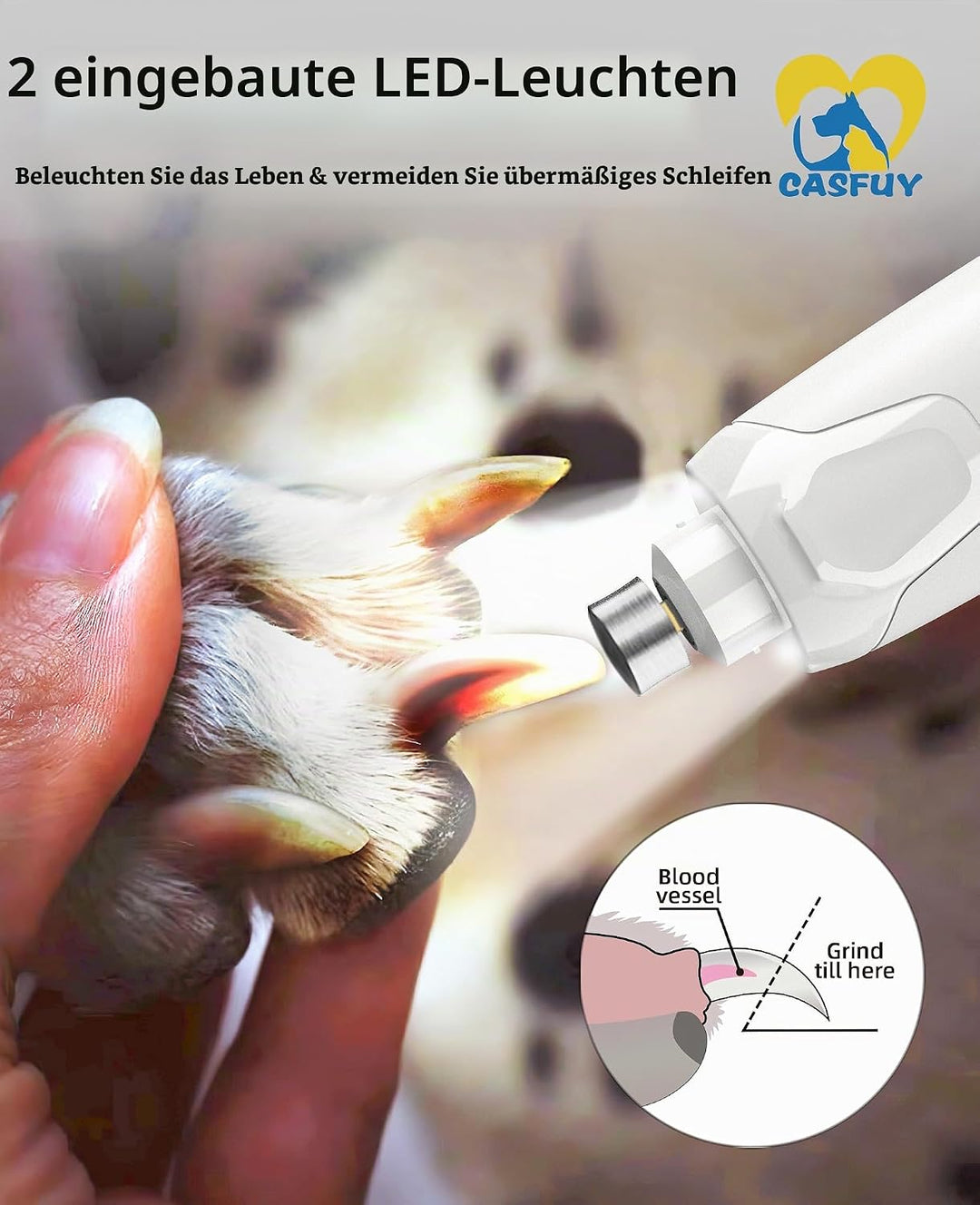 Casfuy Krallenschleifer für Hunde - (45 dB) 6-Gang-Haustier-Krallenschleifer mit 2 LED-Lichtern für