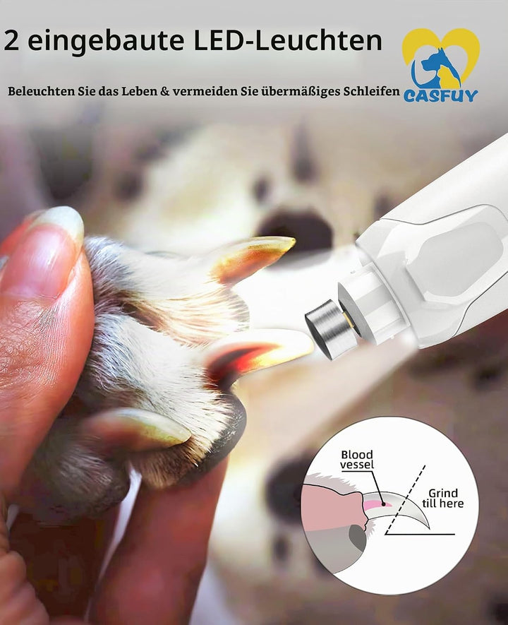 Casfuy Krallenschleifer für Hunde - (45 dB) 6-Gang-Haustier-Krallenschleifer mit 2 LED-Lichtern für