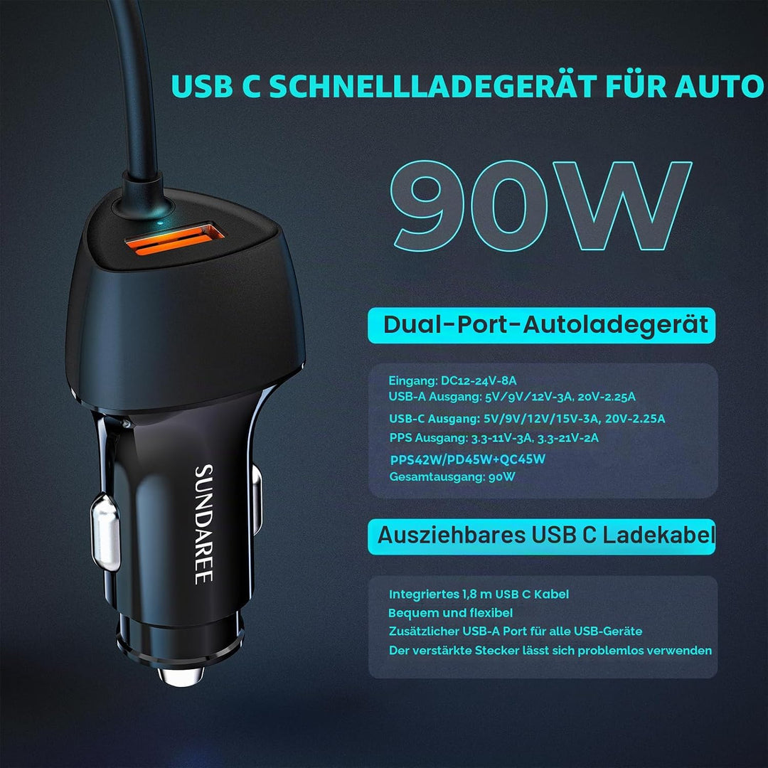 SUNDAREE Auto Ladegerät USB C Kabel,90W 12V 24V Kfz Handyladegeräte PD Typ C Schnellladen 1.8M Spira